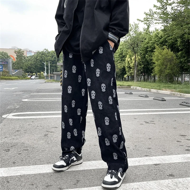 Bonsir Preppy Style Skull Full Print Drawstring Casual Corduroy Men Baggy Pants Hip Hop Straight Sweatpants Male Loose Trousers