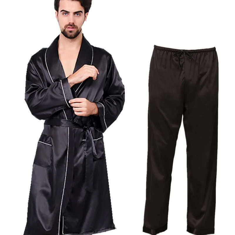 Bonsir 3 PCS Robe Pants Pajama Set 4XL 3XL Men Bathrobe Shorts Suit Silk Sleepwear for Men Kimono Home Soft Cozy Long-sleeved Bath Gown