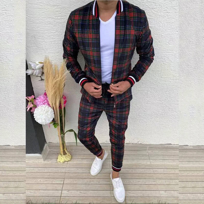 Bonsir New Men's Sets 3D Print Tracksuit Men's Jackets+Pants Suit Sportwear Gentlemen Plaid Mens Sports Suit Casual Fashion Cloths