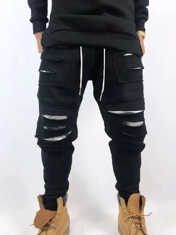 New Trendy Fashion Hollow Out Mens Jogger Track Pants Mens Sweatpants Solid Color Hip Hop Long Pants