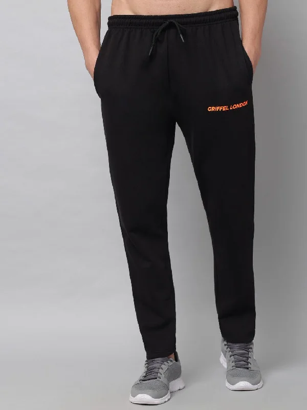 GRIFFEL Men Fleece Basic Solid Front Logo Black Trackpants