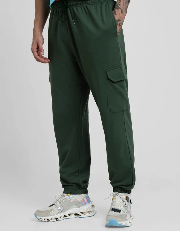 Olive Green Solid Baggy Fit Cargo Joggers