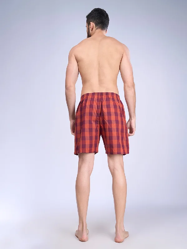 Mens Merun Burnt Checks Woven Boxer Long