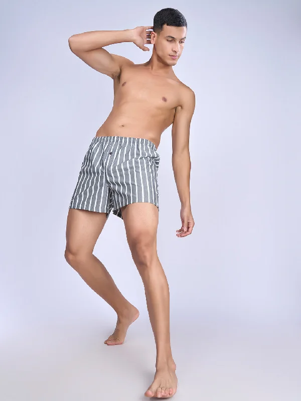 Mens Woven Inner Boxer Grey Big Stripe Shorts