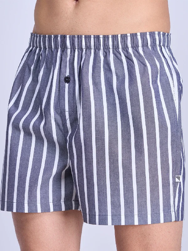 Mens Woven Inner Boxer White Grey Stripe Shorts