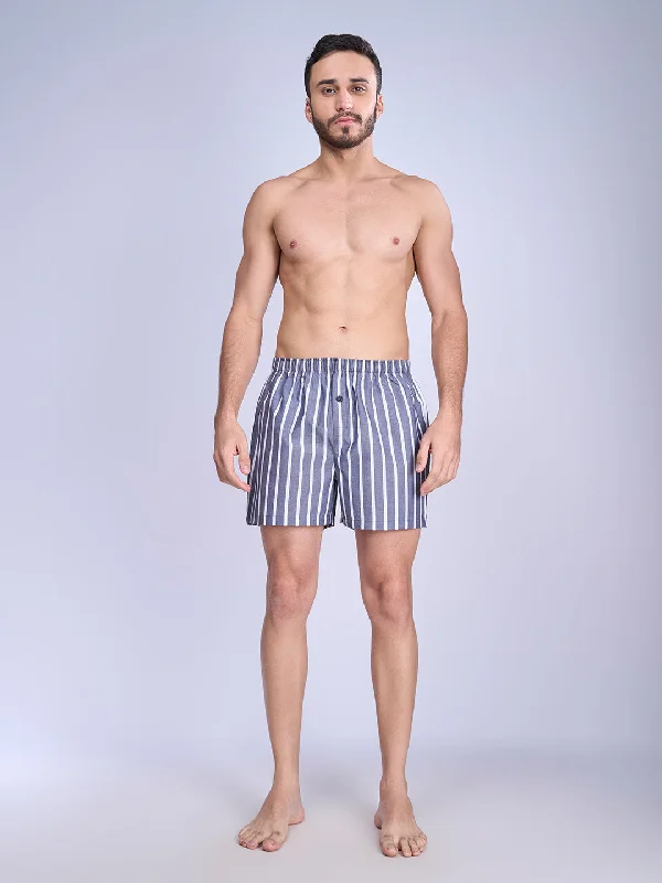 Mens Woven Inner Boxer White Grey Stripe Shorts